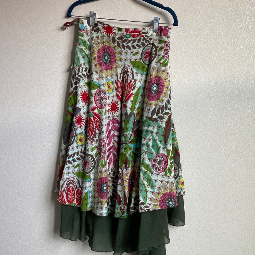 Asha Full wrap Layered Floral Forest Green & Red Fairy grunge Skirt One Size